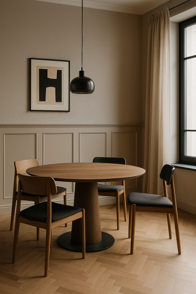 Altbau-Living mit deckenhoher Eichenbibliothek, schwarzem Sessel und Fischgrätparkett – Interior Design Berlin