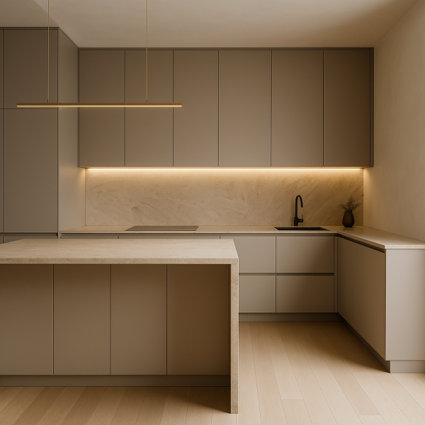 Minimalistische Küche in Taupe mit Naturstein-Kochinsel (Waterfall), LED-Lichtband und mattschwarzer Armatur – Innenarchitektur Berlin